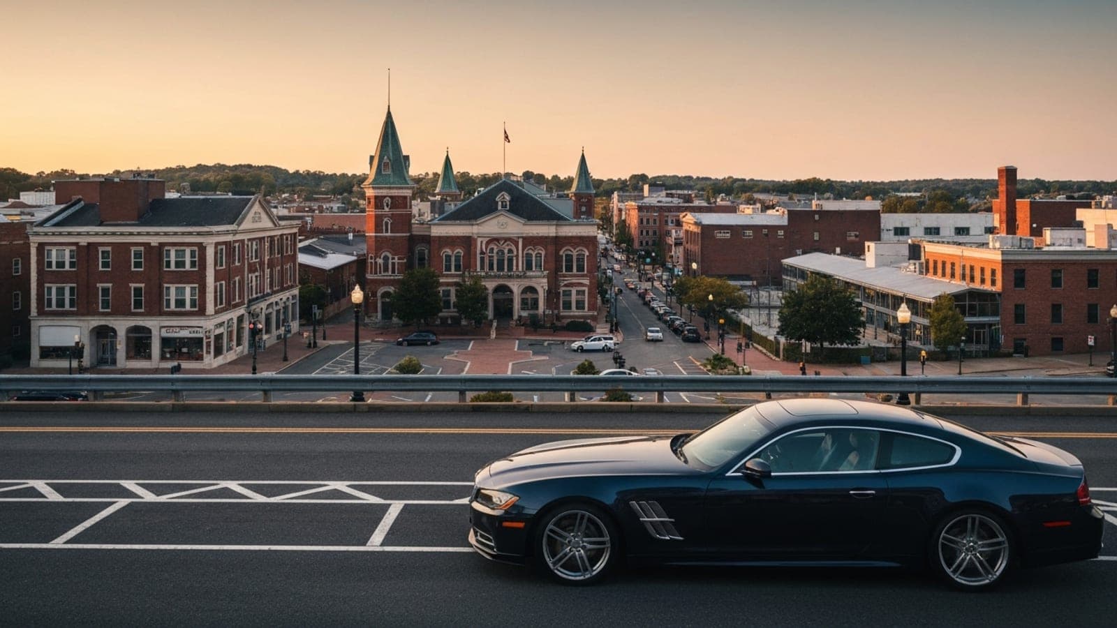 Editorial photograph of Lancaster Central Market and the Penn Square district at golden hour with the historic 19th-century brick architecture of downtown Lancaster.