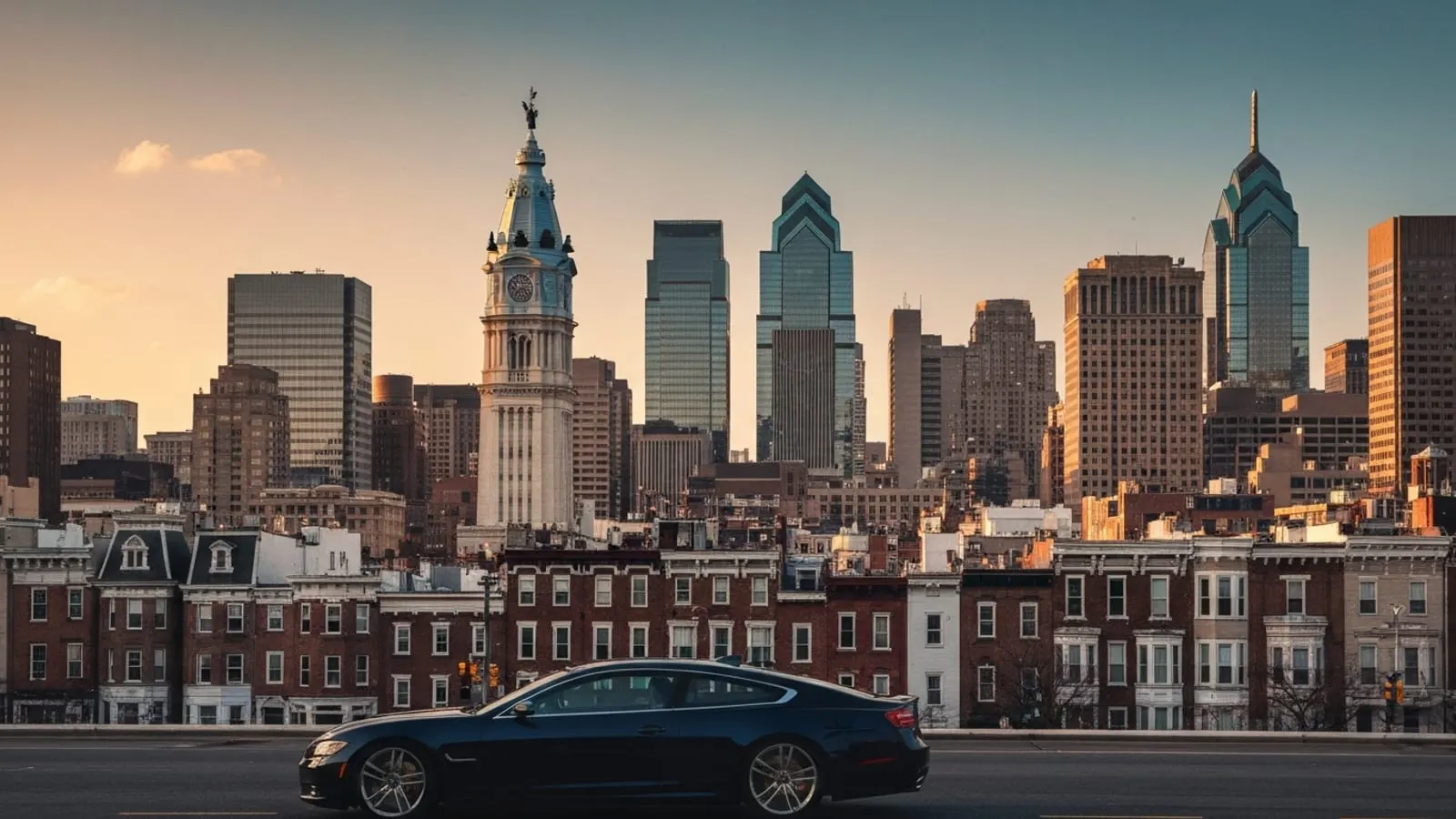Editorial photograph of the Philadelphia skyline at golden hour with City Hall and the Comcast Center visible above the row-house grid, evoking the scale and historic geography of Philadelphia.