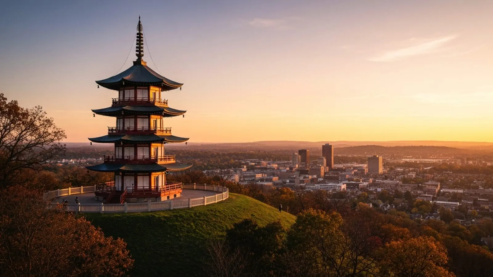 Editorial photograph of the Reading Pagoda on Mount Penn at golden hour overlooking downtown Reading and the Berks County valley below.