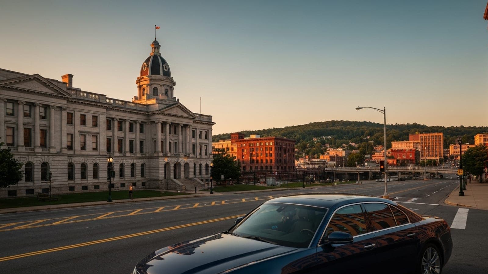 Editorial photograph of the Lackawanna County Courthouse and downtown Scranton at golden hour with the surrounding hills and the Steamtown National Historic Site visible.