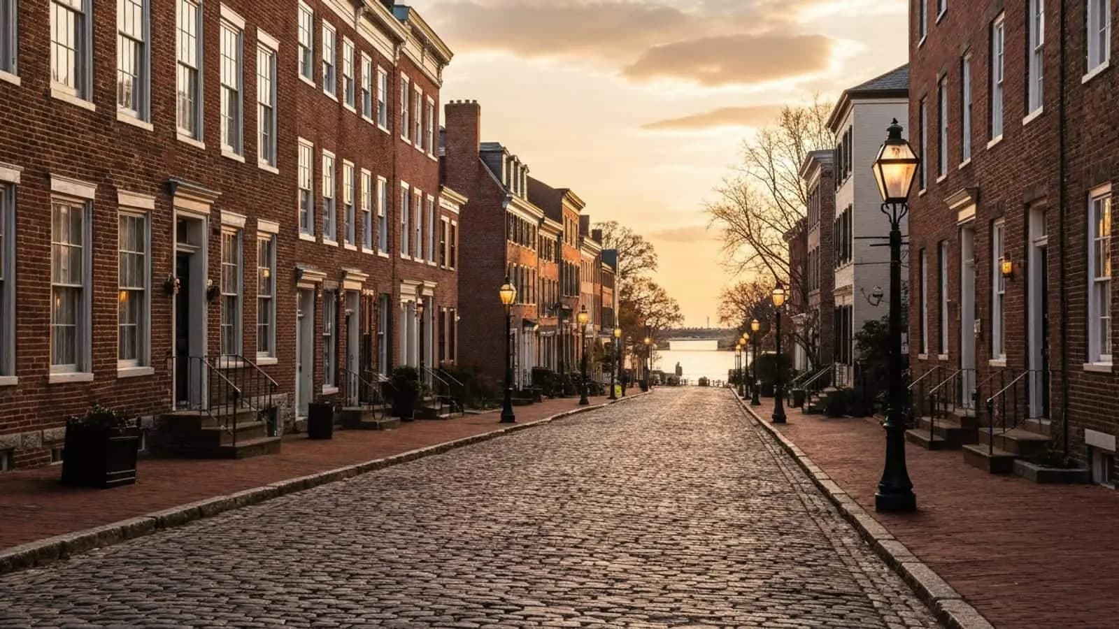 Editorial photograph of Old Town Alexandria Virginia cobblestone street at golden hour with historic 18th-century federal-style brick row houses and wrought-iron lampposts.