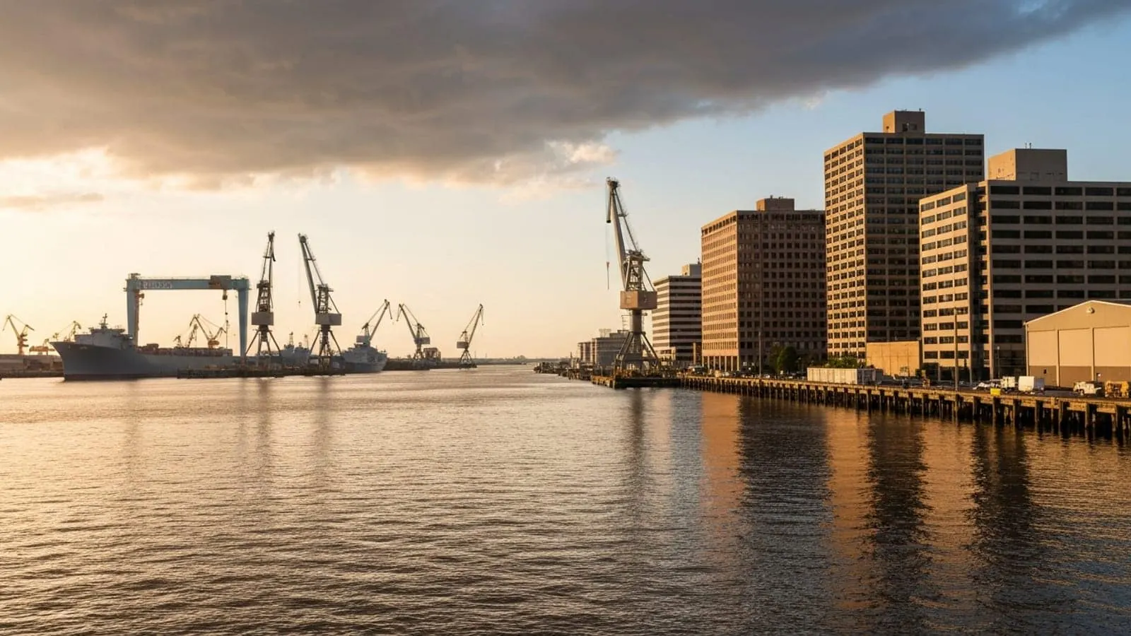 Editorial photograph of the Newport News Virginia waterfront and James River at golden hour with shipyard gantry cranes silhouetted in the distance.