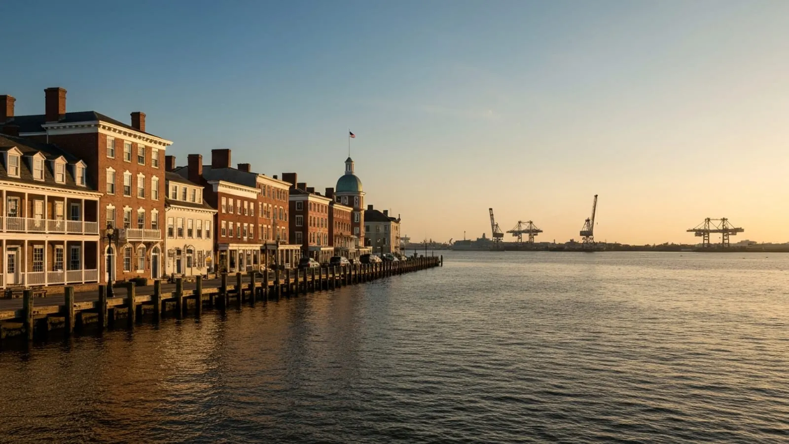 Editorial photograph of the Portsmouth Virginia waterfront and Elizabeth River at golden hour with historic Olde Towne Portsmouth federal-style row houses along the riverwalk.