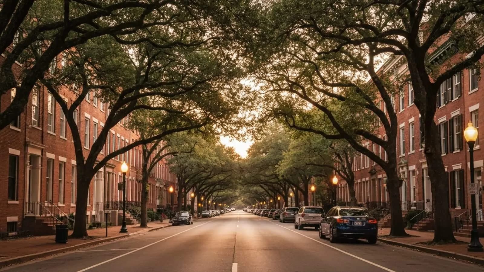 Editorial photograph of historic Monument Avenue in Richmond Virginia at golden hour with a tree-lined urban boulevard and federal-style brick row houses.