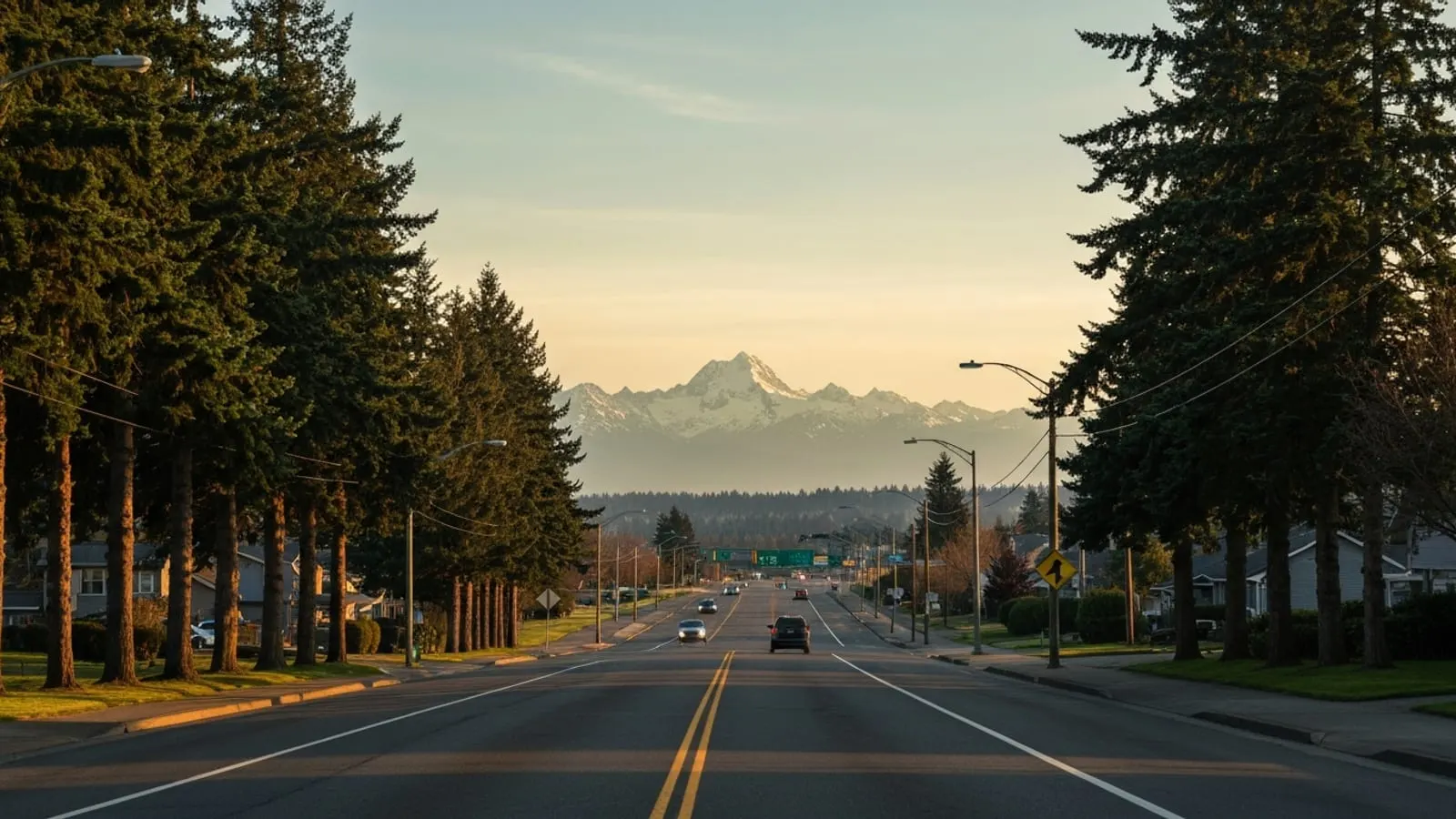 Editorial photograph of a suburban Federal Way Washington street at golden hour with mature Douglas fir trees lining the road and the Olympic Mountains snow-capped in the distance across Puget Sound.