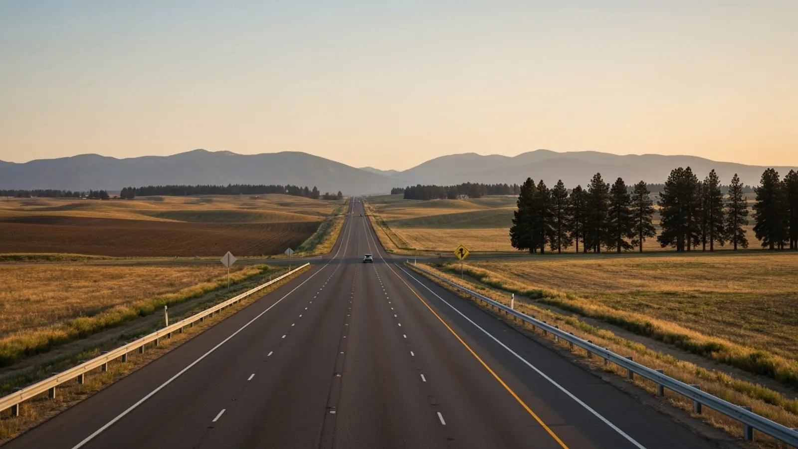 Editorial photograph of the Interstate 90 freeway corridor running east through Spokane Valley Washington at golden hour with rolling Inland Northwest farmland and the distant ridges of the Selkirk Mountains.