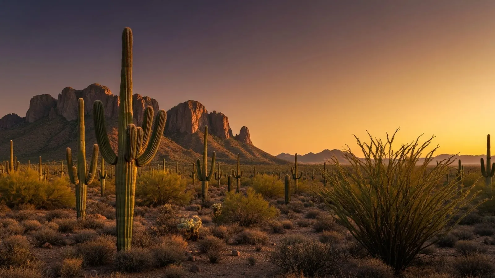 Editorial photograph of the Sonoran Desert in central Arizona at golden hour with mature saguaro cacti silhouetted against the rugged Superstition Mountains and a vast amber sunset sky.