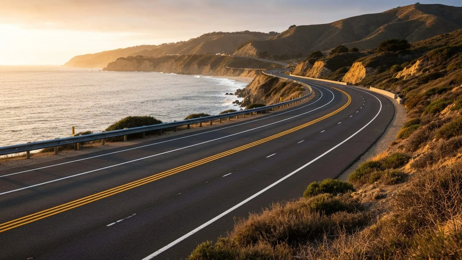Editorial photograph of a stretch of California Pacific Coast Highway with the Pacific Ocean on one side and the California coastal hills on the other at golden hour.