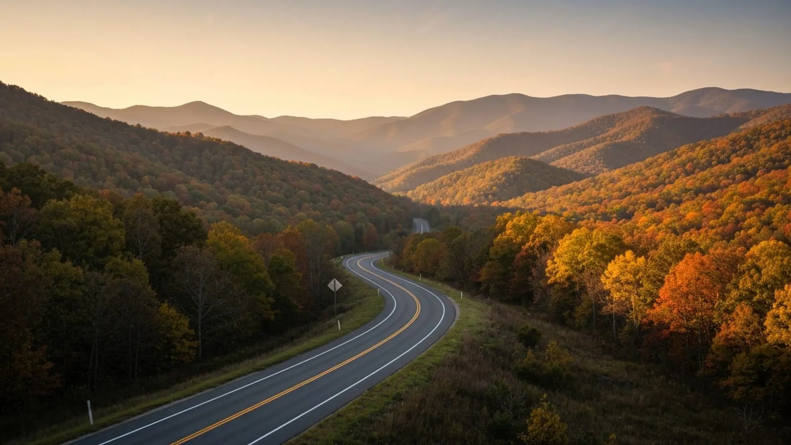 Editorial photograph of the Blue Ridge Mountains in western North Carolina at golden hour with autumn foliage on the ridges and a winding two-lane highway disappearing into the valley.