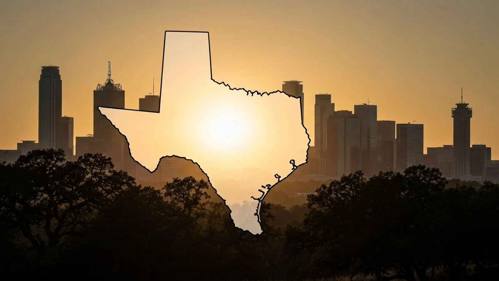 Texas state outline with Dallas, Houston, and Austin skylines at sunset and the Hill Country in the background