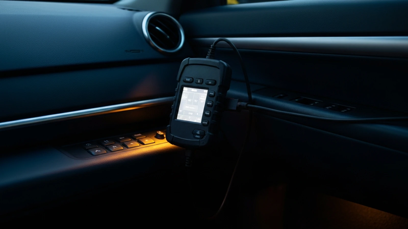 A technician connecting a diagnostic programmer to a vehicle OBD port through the driver door
