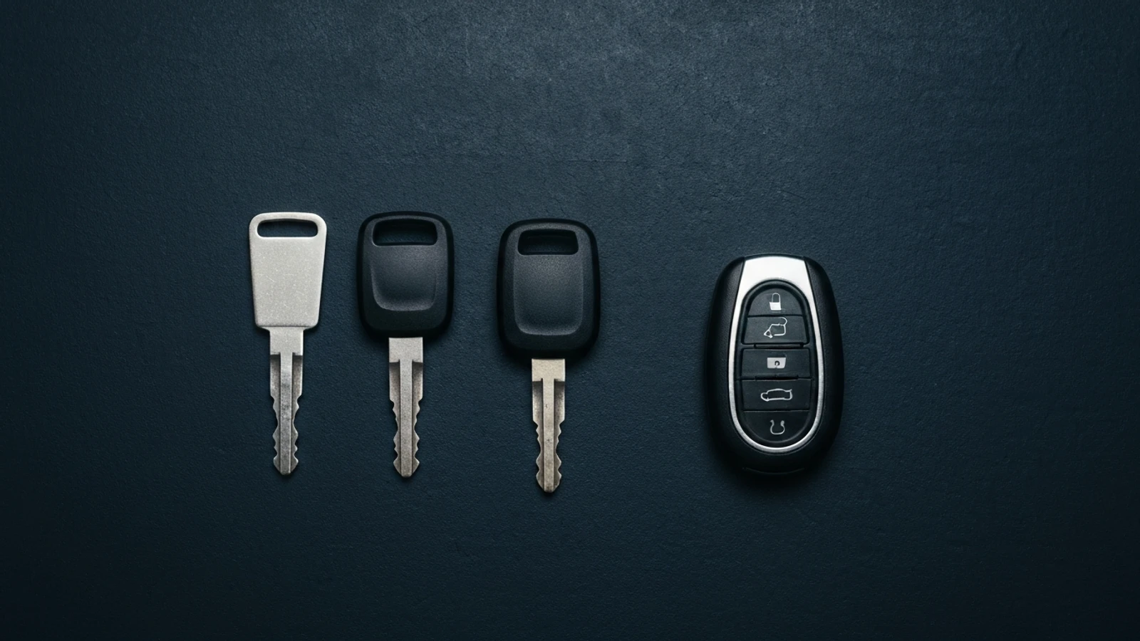 Four automotive key types laid side by side on a dark workshop bench, from a plain mechanical blade through chipped transponder keys to a push-to-start smart fob
