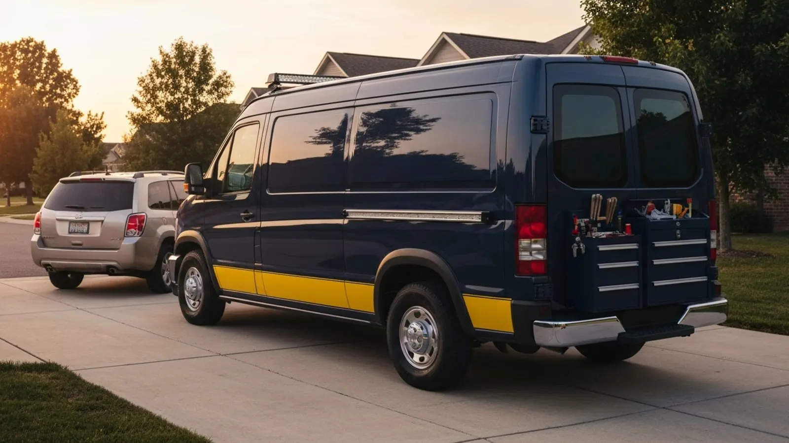 A modern mobile locksmith service van arriving at a suburban driveway at golden hour