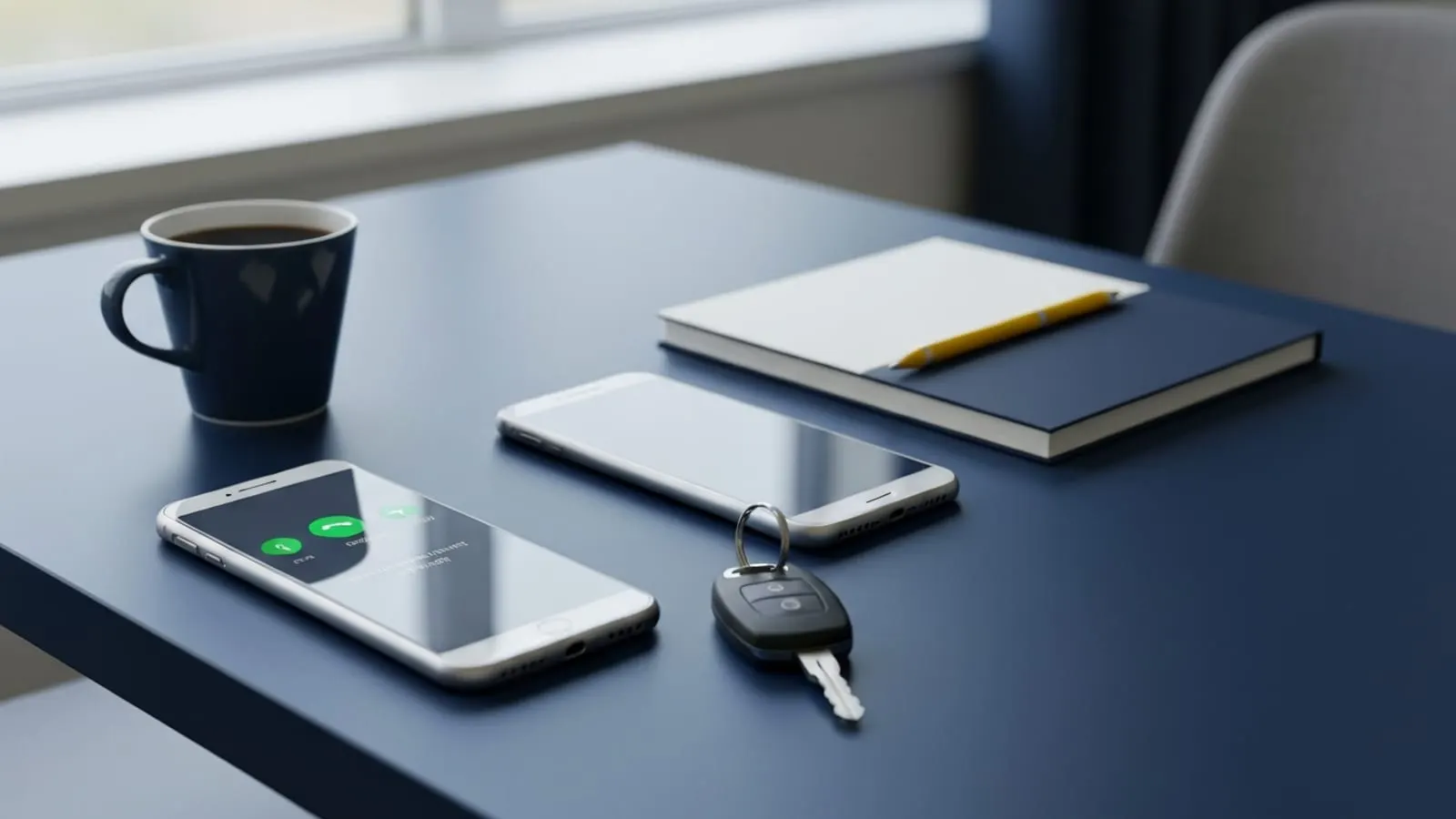 A clean desk with smartphone showing incoming call notification, notebook, and a car key