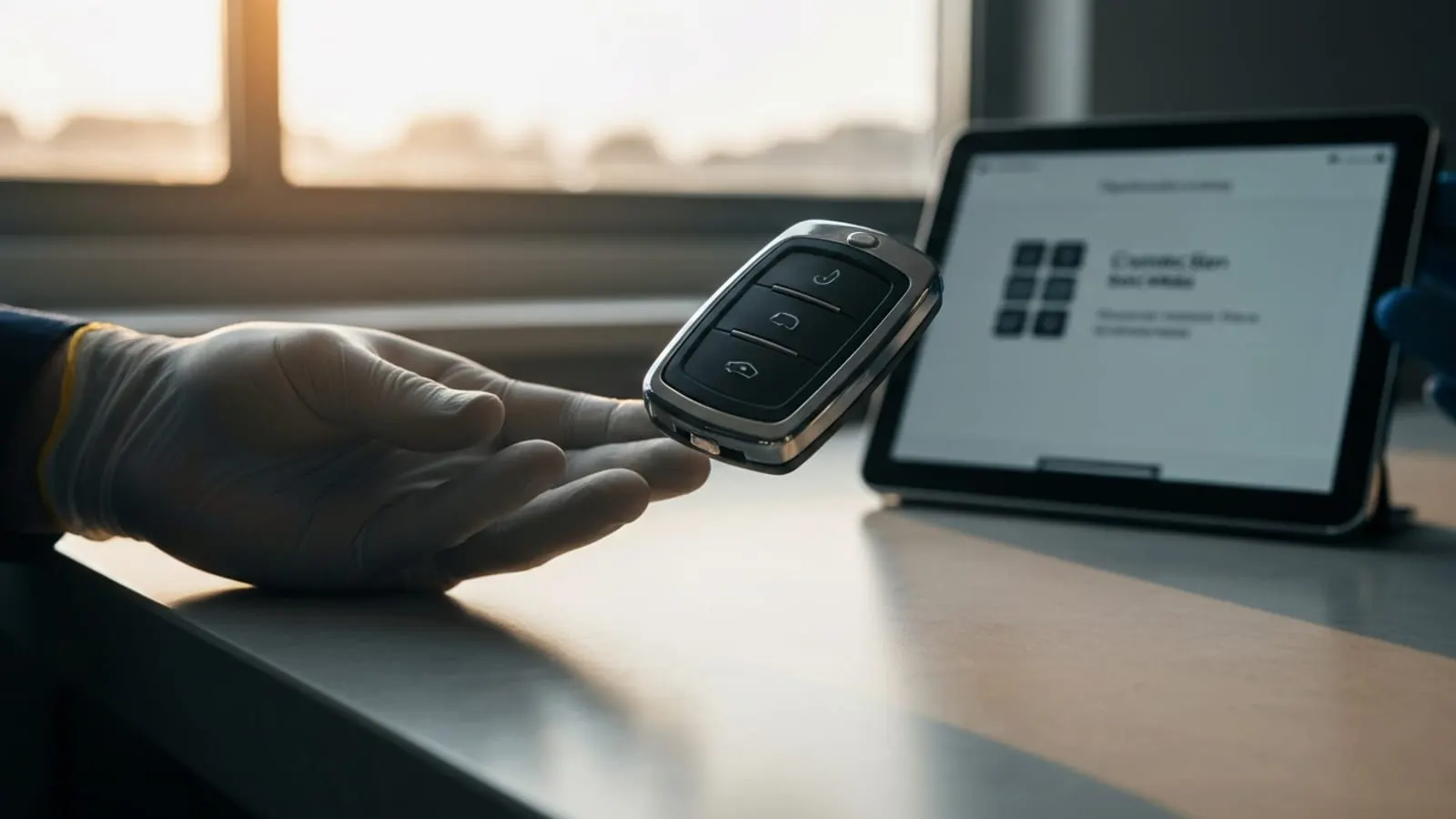 A modern five-button car remote fob being held by technician hands next to a diagnostic tablet