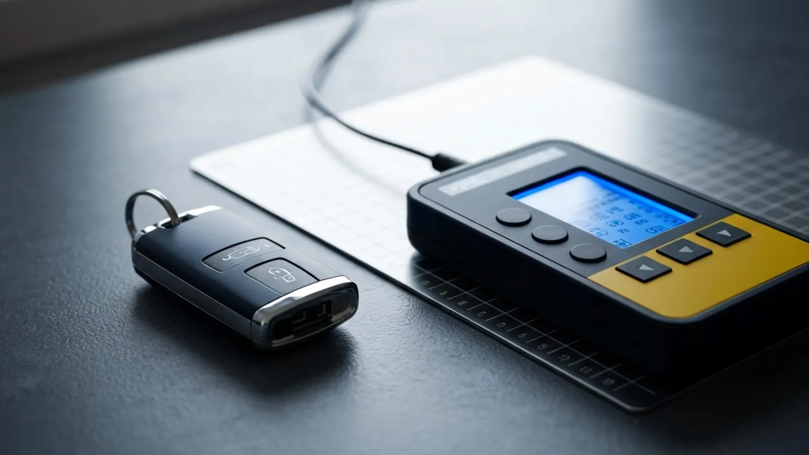 A modern push-to-start smart key fob next to a diagnostic programming device