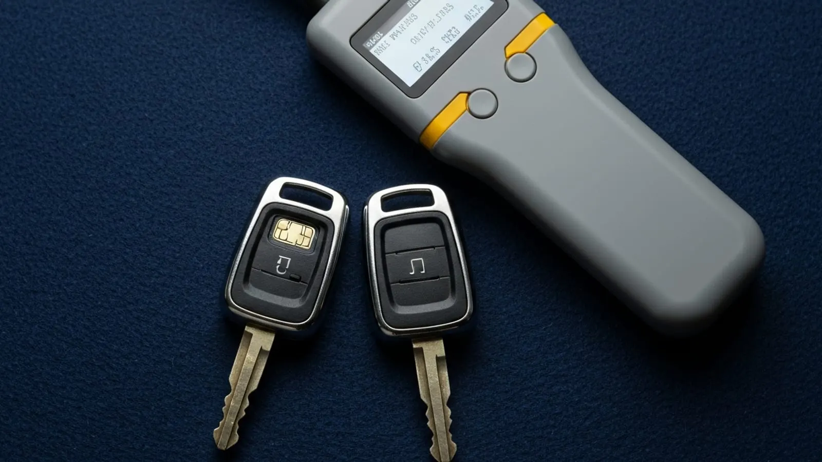 Two transponder car keys next to a handheld programming device showing pairing in progress