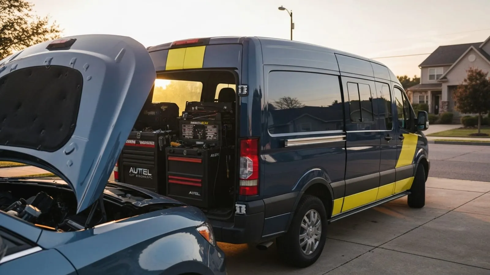 Modern locksmith service van and toolkit at a customer driveway